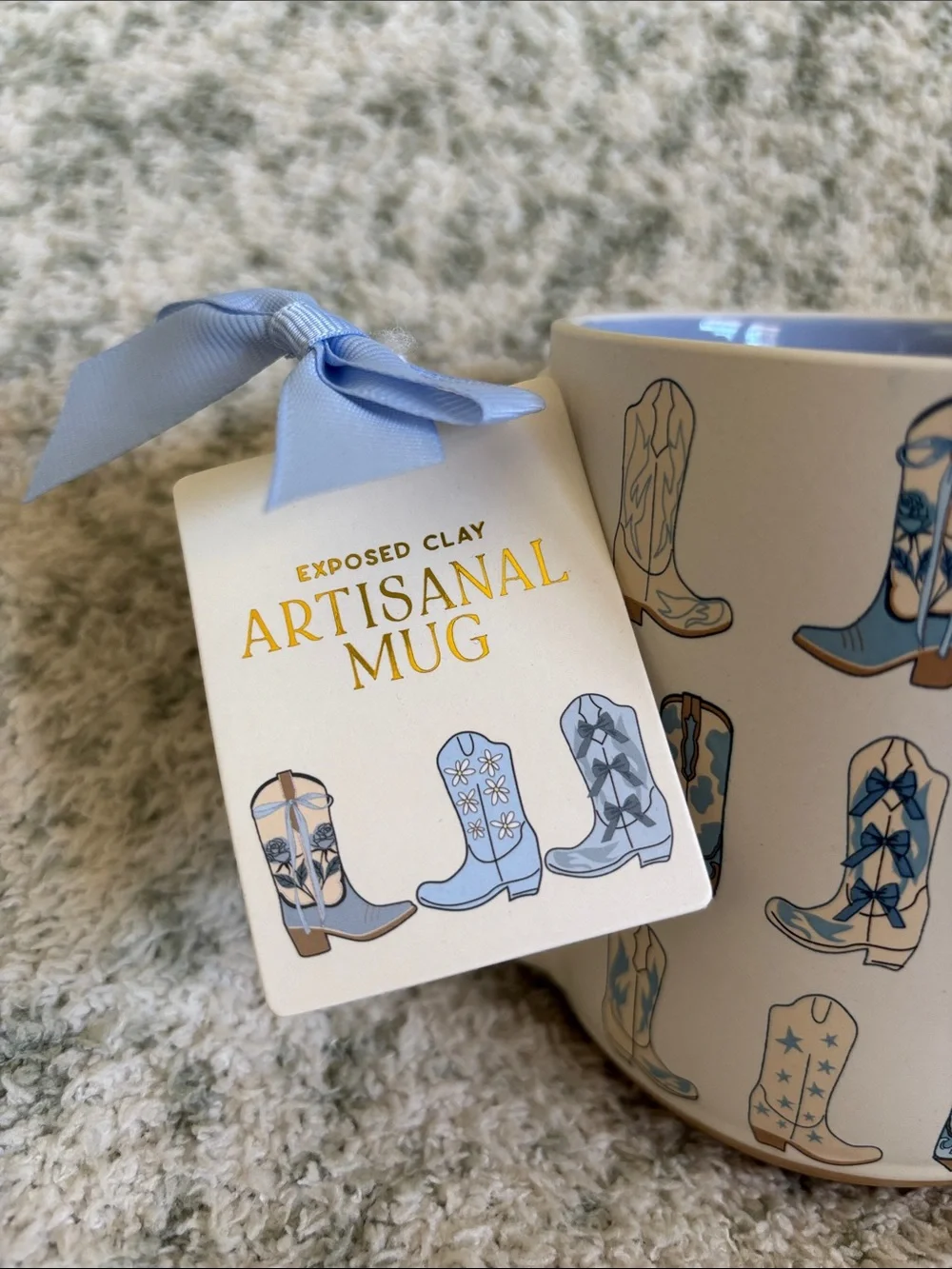 Cute Artisan Blue & Cream Cowboy Boot Ceramic Mug 16oz NWT Sunday Morning